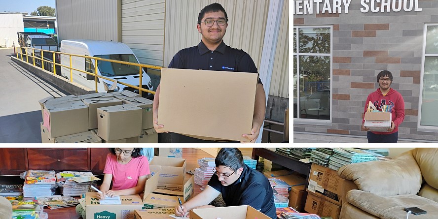 montage of photos showing students carrying boxes of books and sorting them