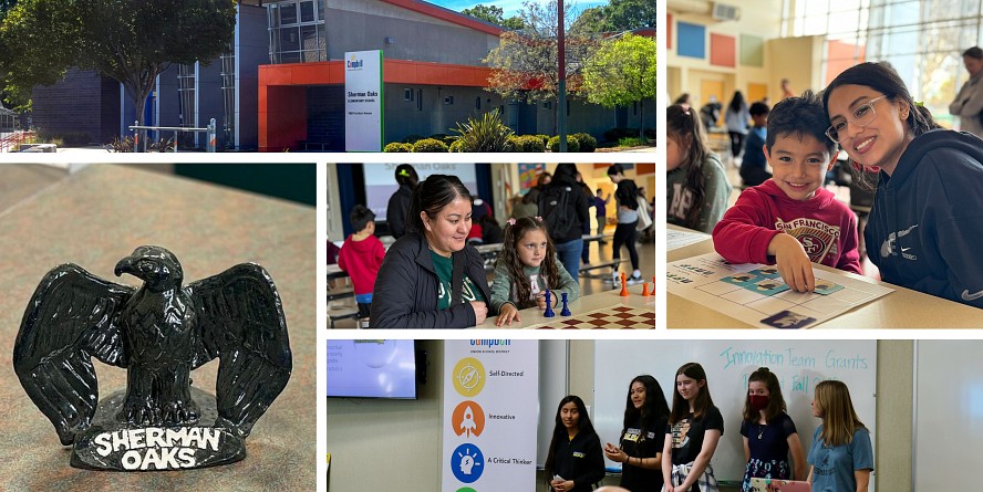 photo collage of sherman oaks school and smiling students and parents at school activities