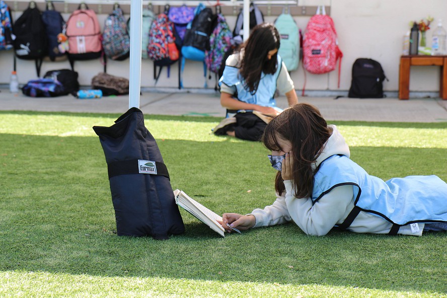 student reading outdoors