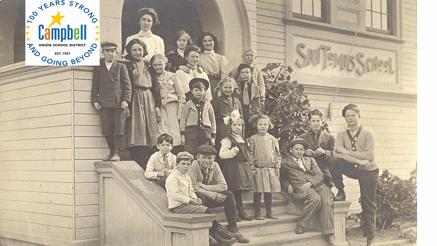 vintage photo of students in front of schools