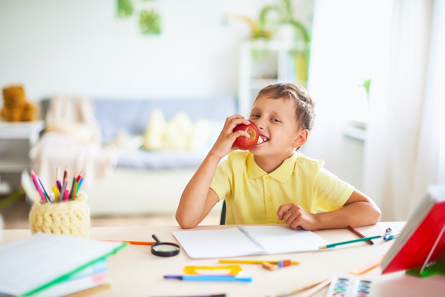 boy at home eating apple while dong homework