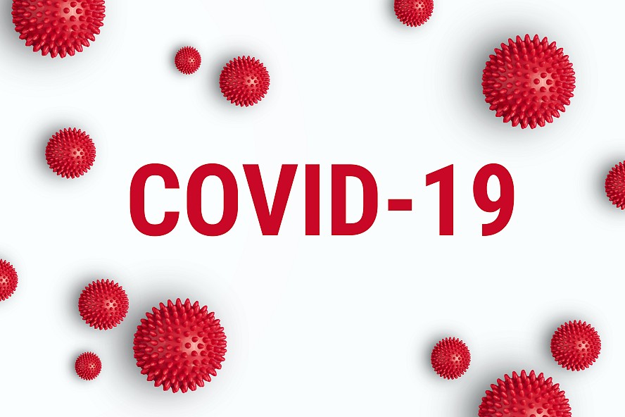 red virus images with words: COVID19