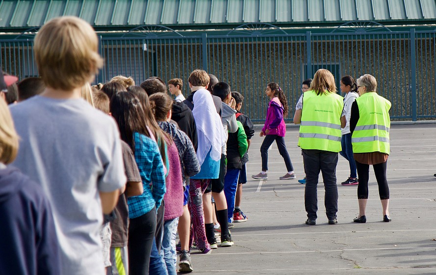 students lined up for safety drill
