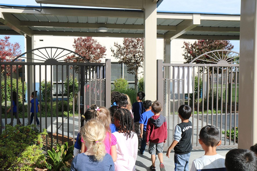 children walking in line through school gate