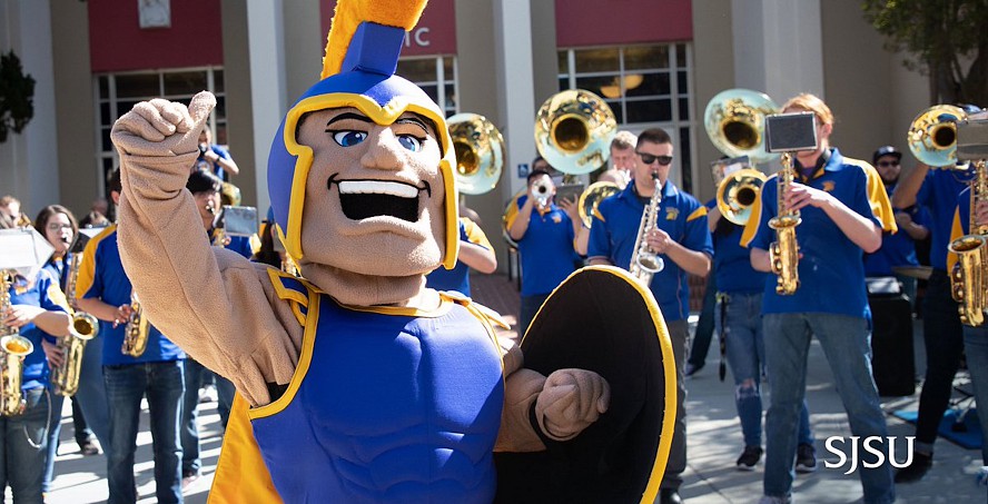 SJSU Spartan mascot with pep band